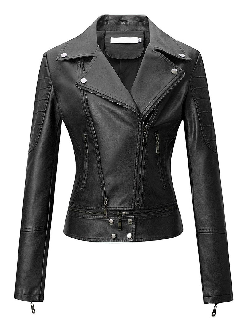 Tanming Women's Faux Leather Moto Biker Short Coat Jacket (Black14-M) - Image 1